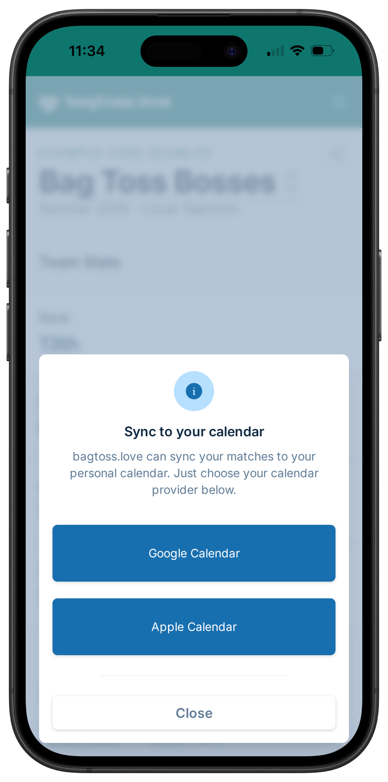 A screenshot showing the options of subscribing to a team calendar, which allows syncing to Google Calendar and Apple Calendar