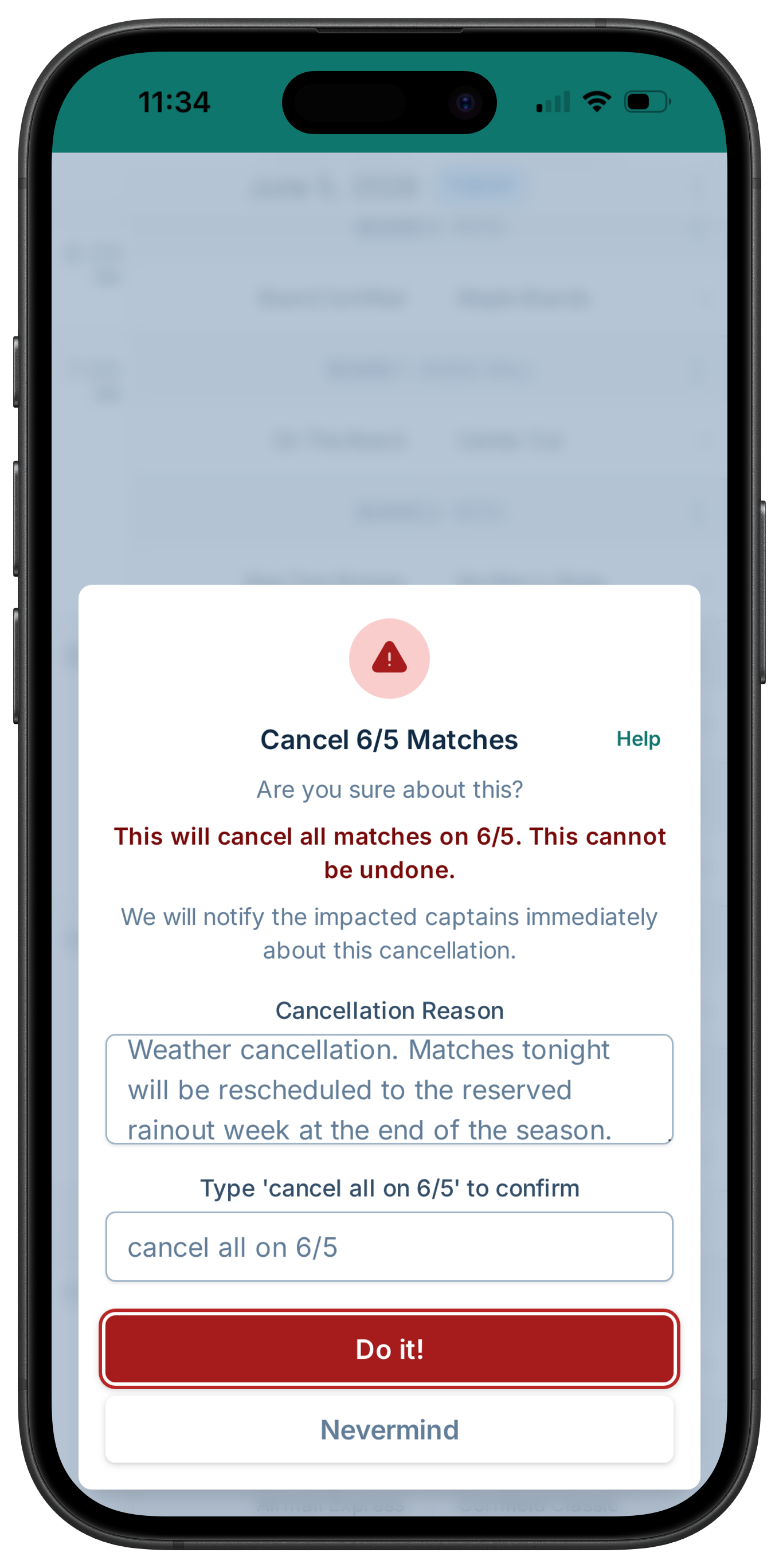 A screenshot showing the match cancellation dialog, where the manager has decided to cancel matches and is providing a message to send to captains