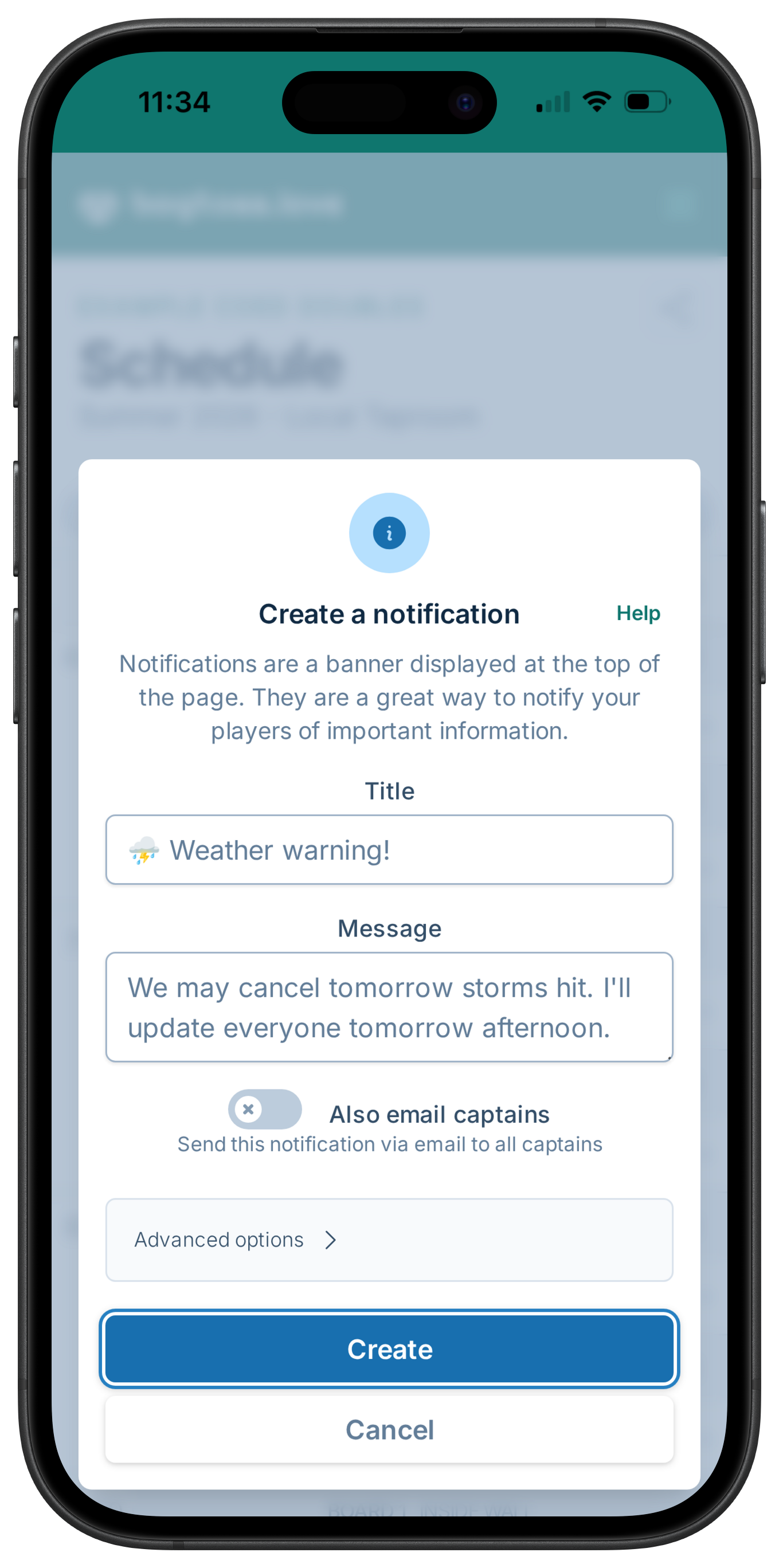 A screenshot showing the notification creation form, where a manager is notifying captains matches may be canceled if the radar doesn't improve