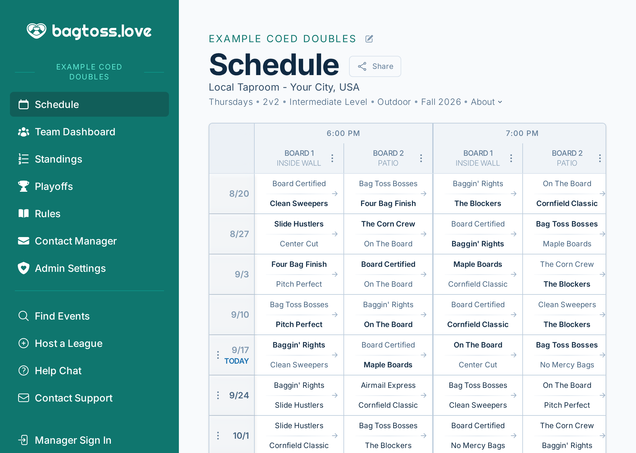 bagtoss.love schedule screenshot