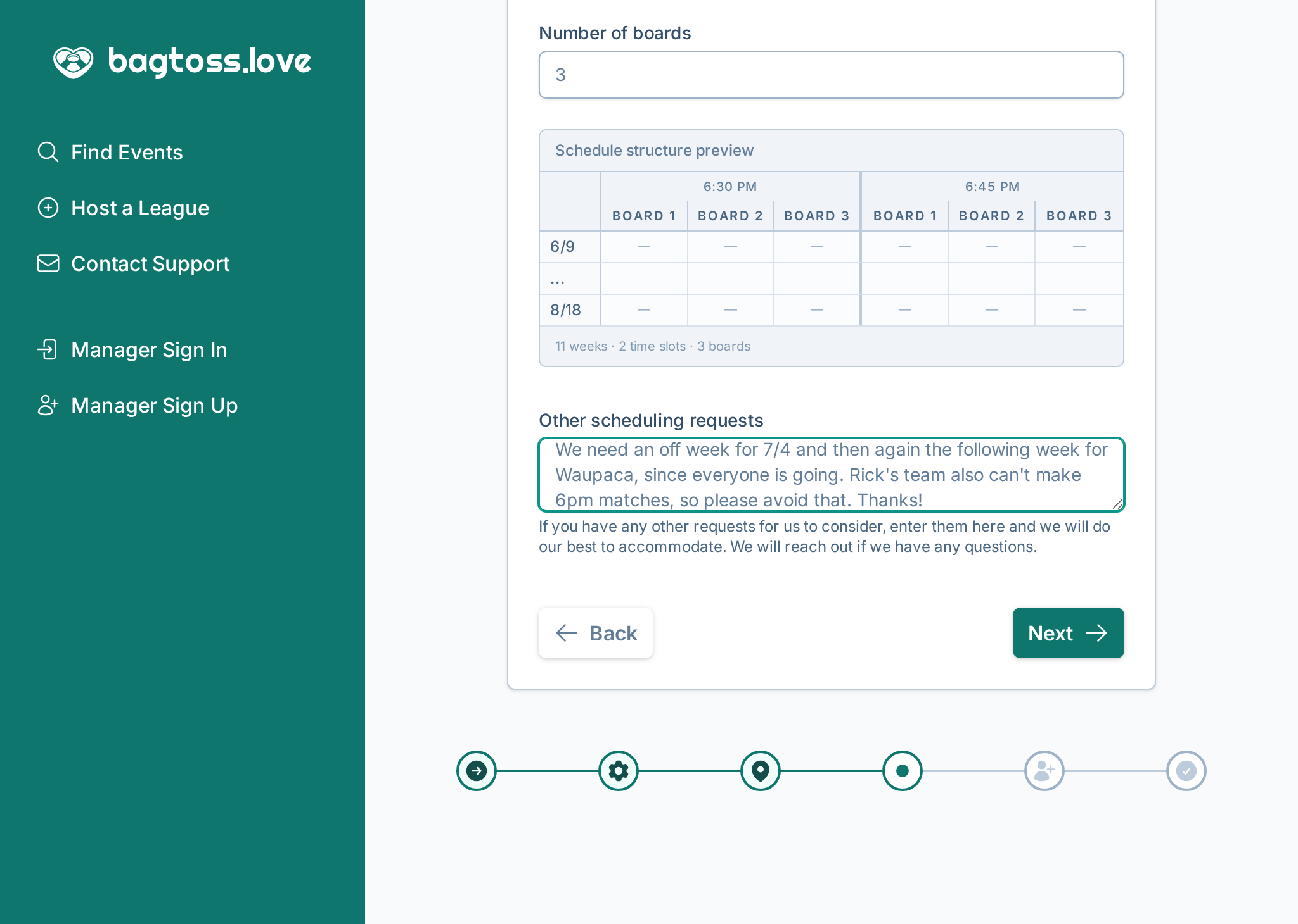 A screenshot of the league creation wizard where a league manager can enter scheduling constraints and preferences