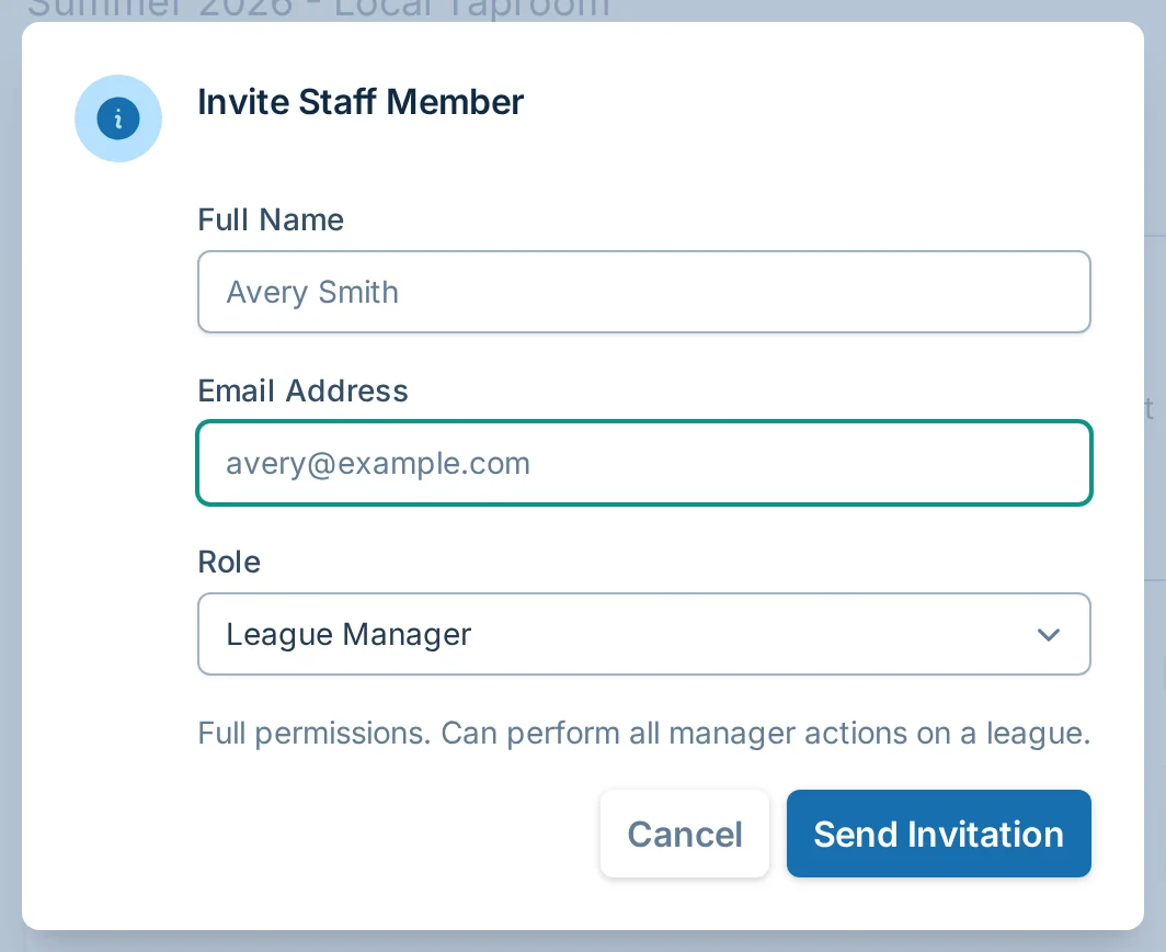 Invite staff member dialog in bagtoss.love, a cornhole staff permissions tool