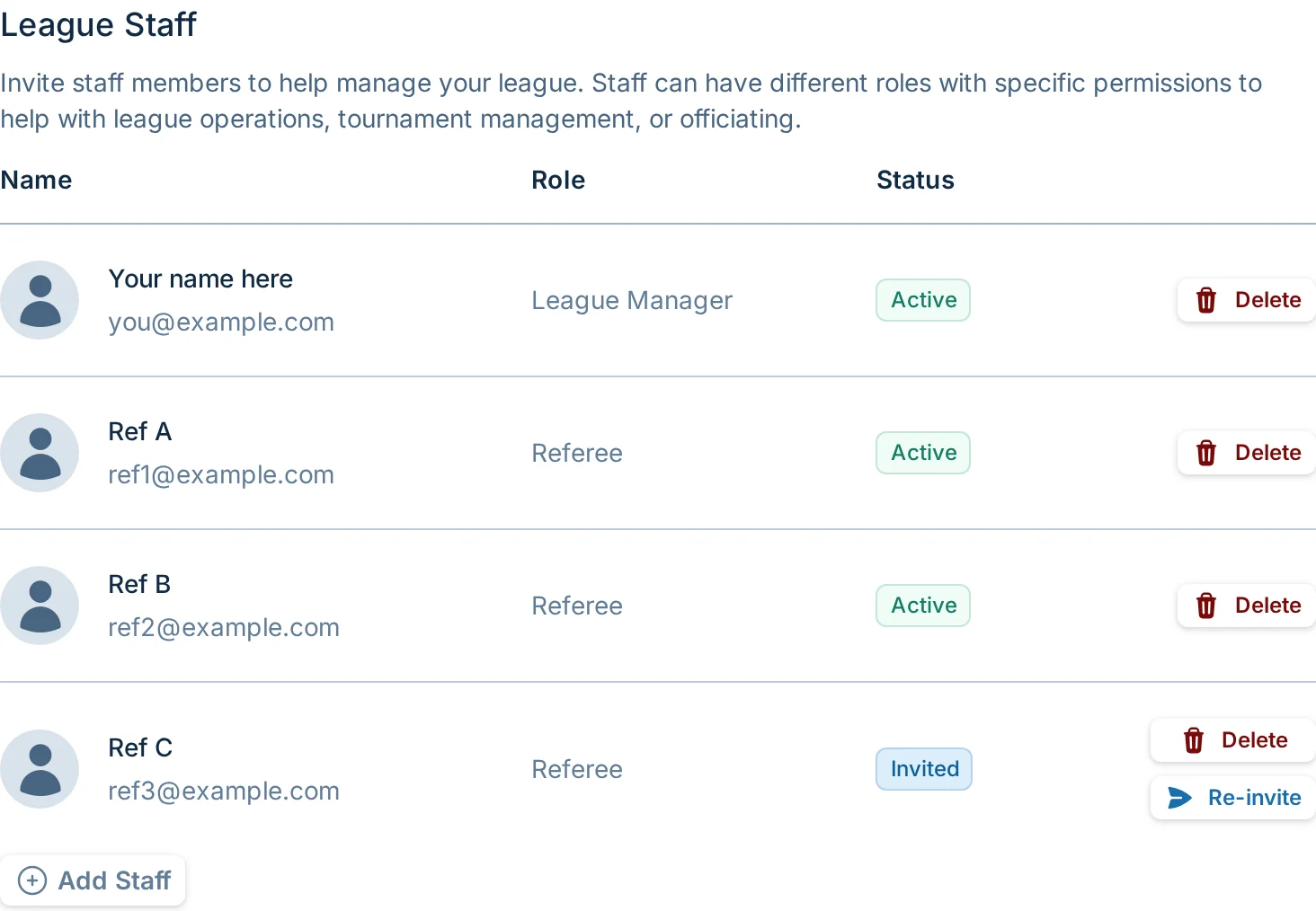 Admin Settings staff and permissions tab in bagtoss.love, a cornhole league admin control panel