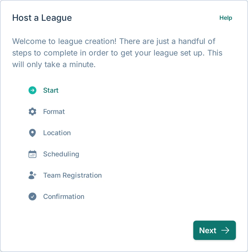 Create league wizard start screen in bagtoss.love, a cornhole league launch platform