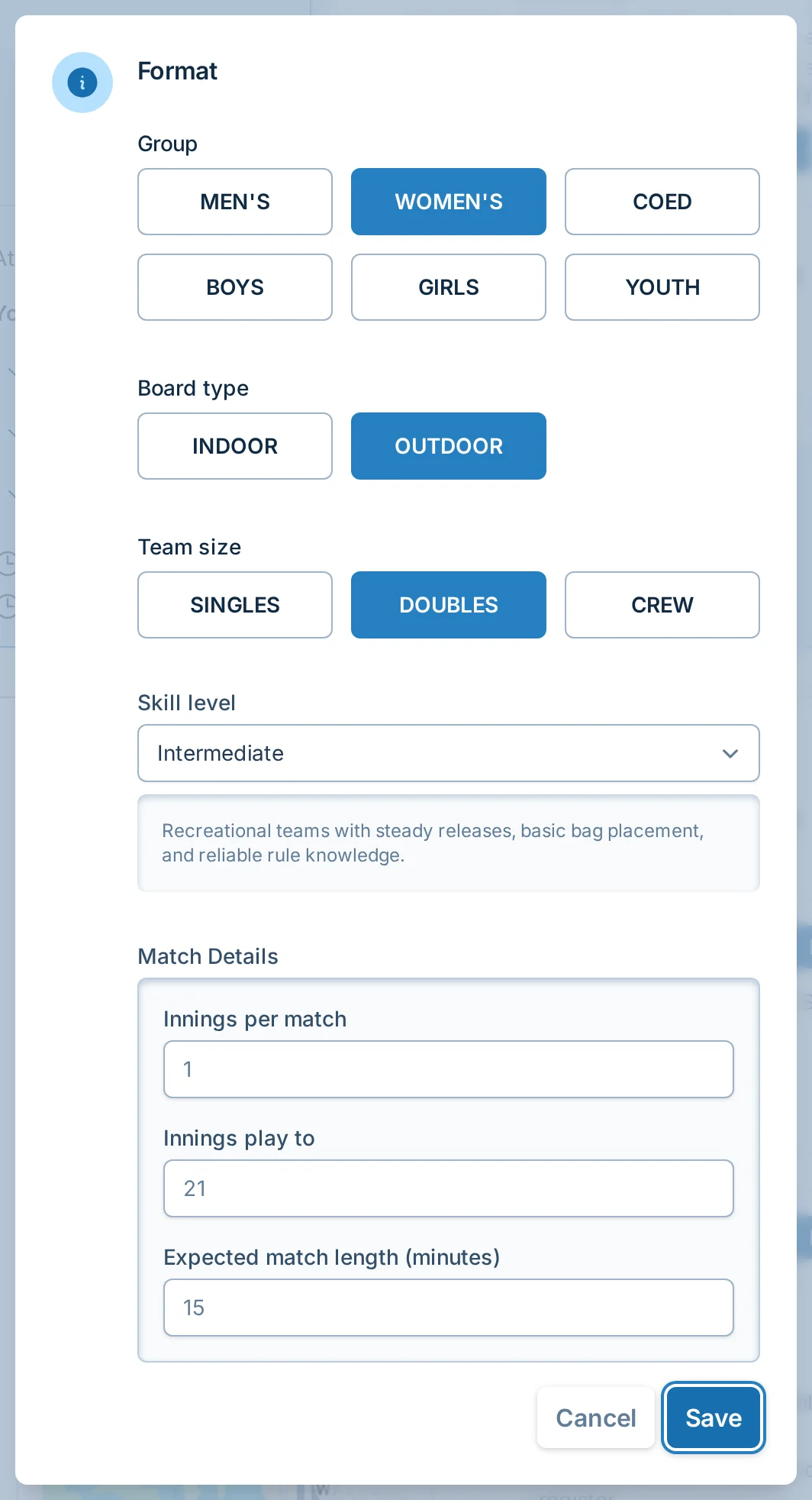 Edit format dialog in bagtoss.love, a cornhole league setup editor