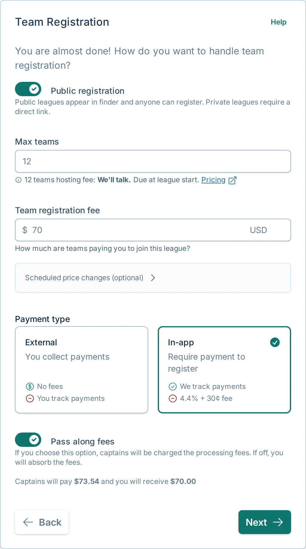 Create league team registration step in bagtoss.love, a cornhole signup and payments platform