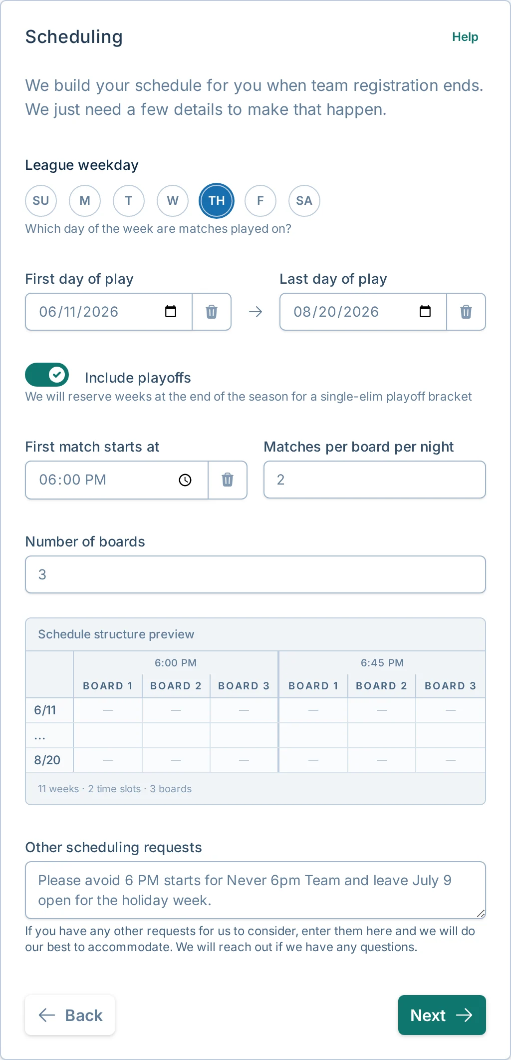 Create league scheduling step in bagtoss.love, a cornhole schedule builder for league managers