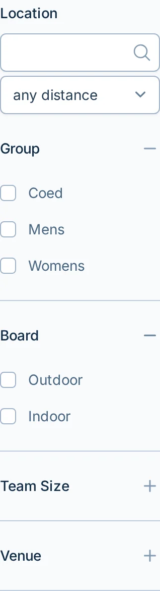 League finder filters in bagtoss.love, a cornhole league search page