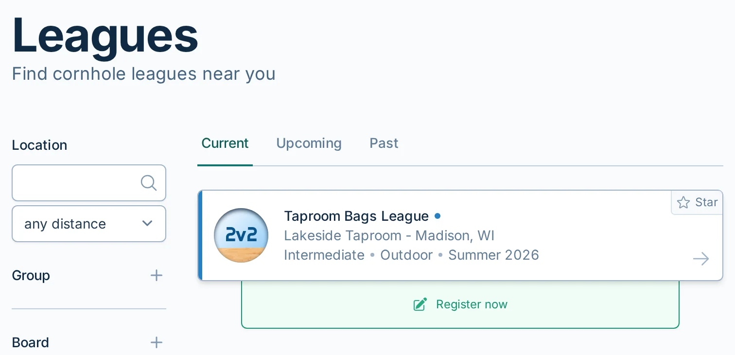 Find Leagues page in bagtoss.love, a cornhole league discovery and registration app
