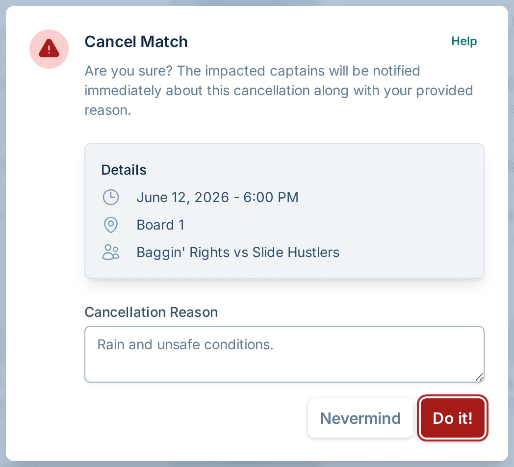 Cancel match dialog in bagtoss.love, a cornhole league operations platform
