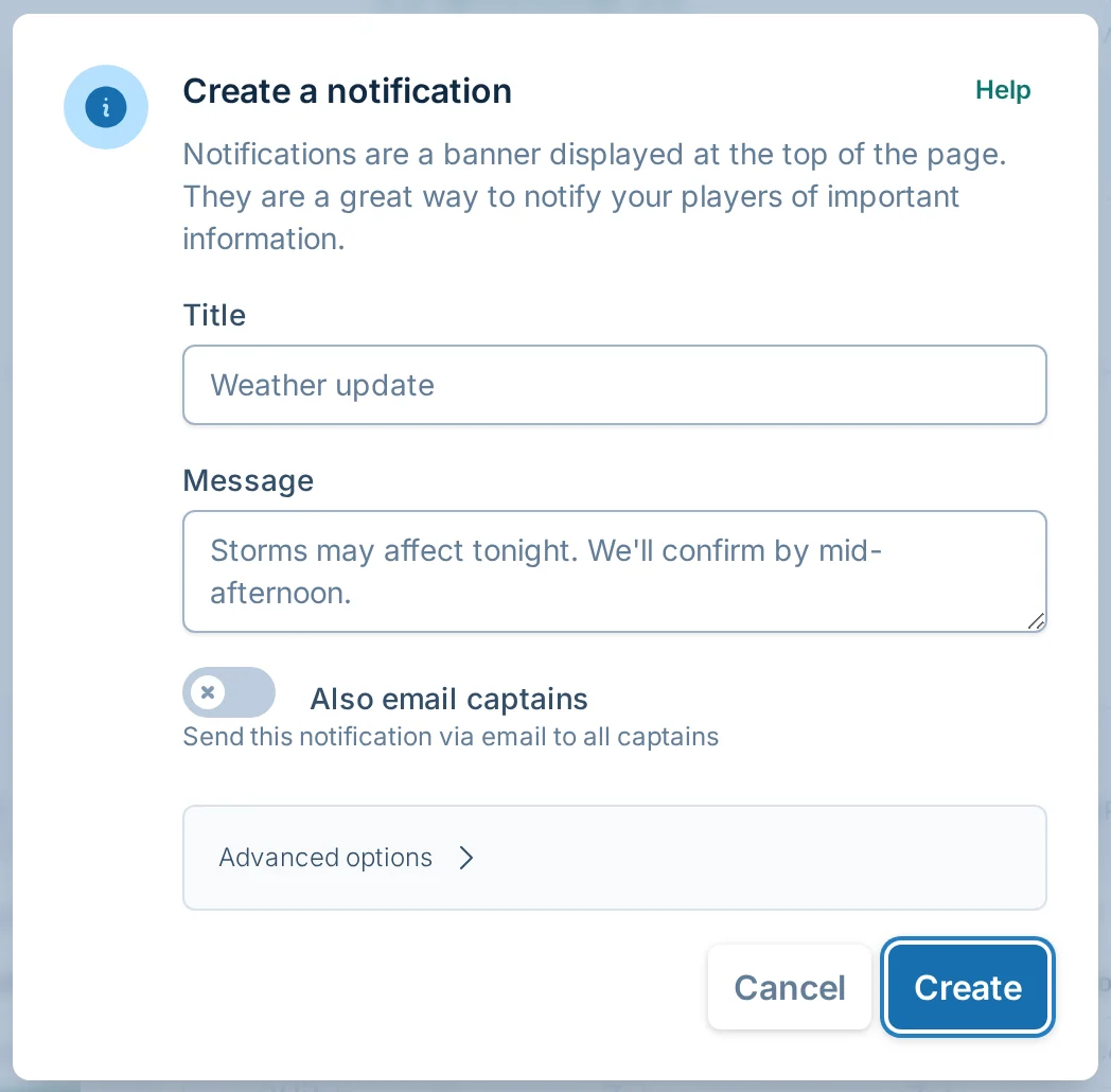 Create notification dialog in bagtoss.love, a cornhole management platform