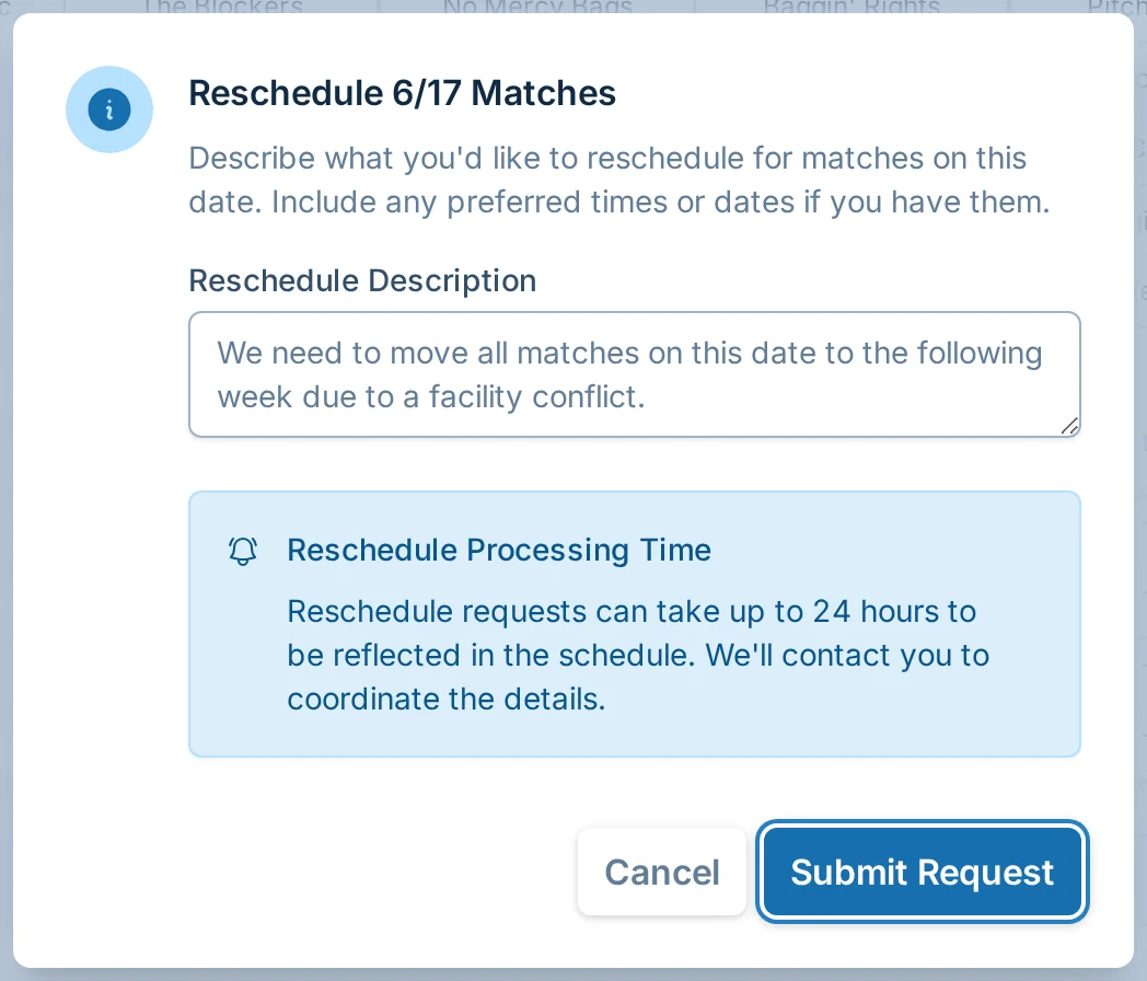 Request all matches on one date to be rescheduled in bagtoss.love, a cornhole schedule management app