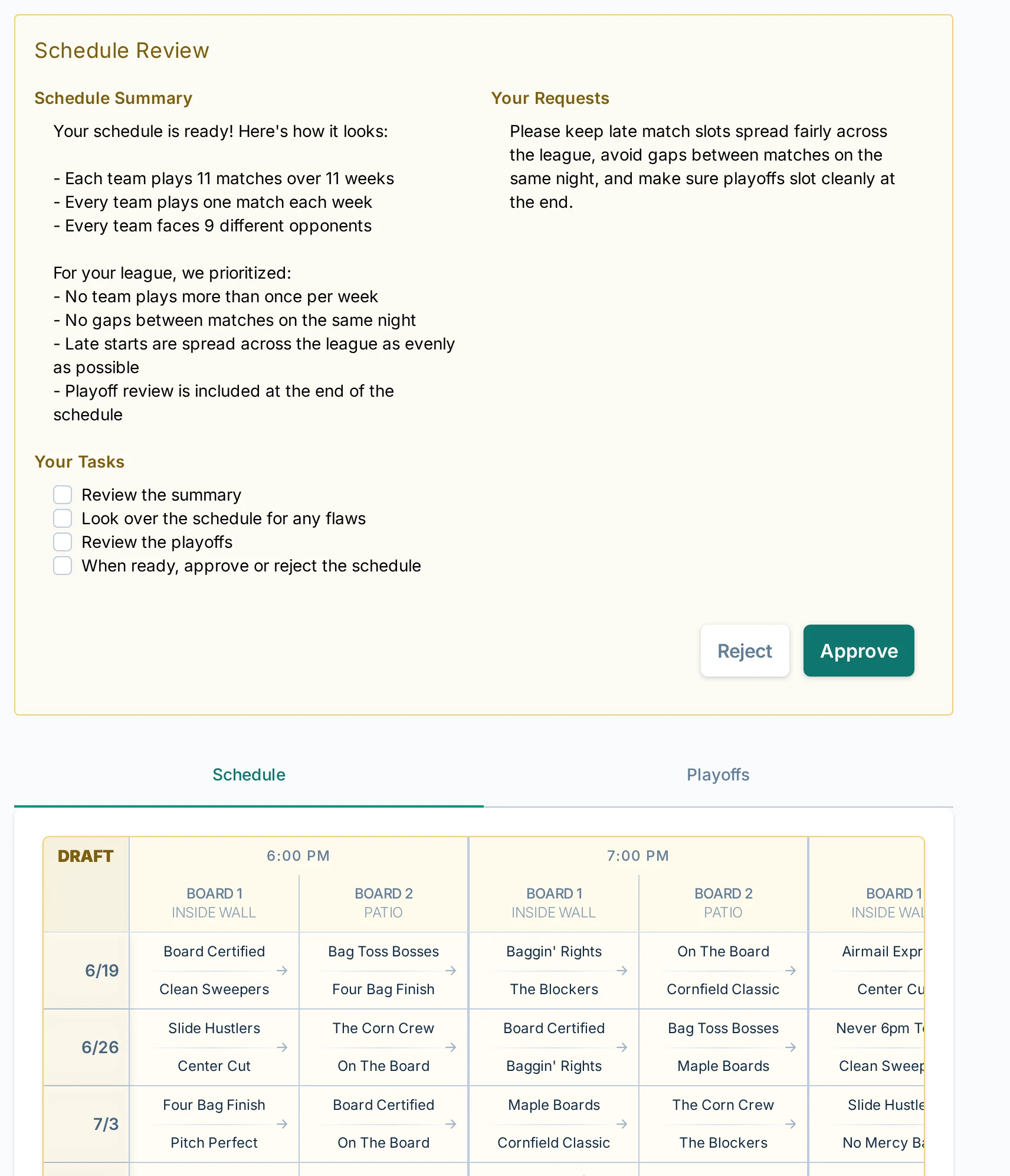 Schedule review screen in bagtoss.love, a cornhole scheduling app for league managers