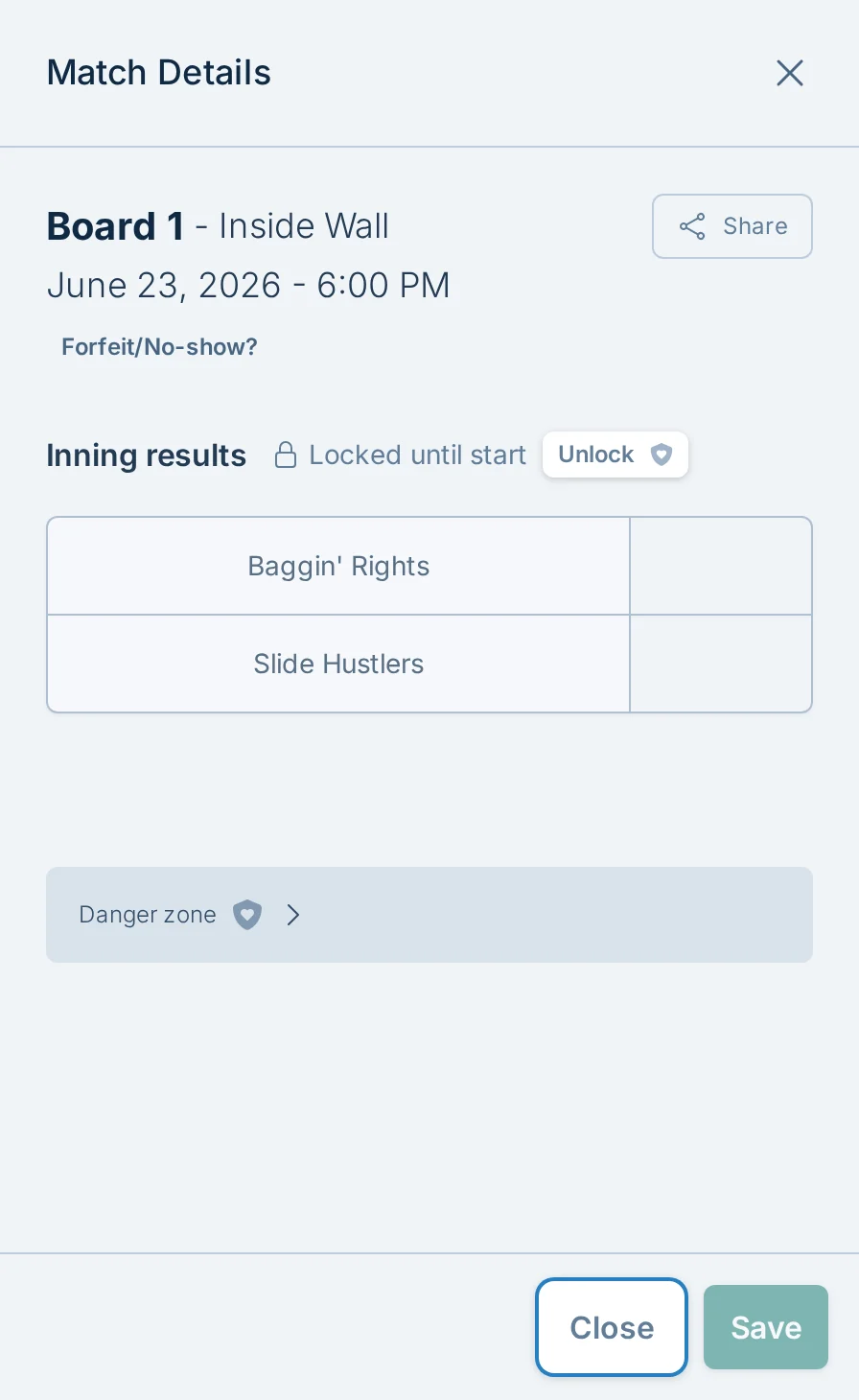 Locked score reporting form in bagtoss.love, a cornhole league score reporting app