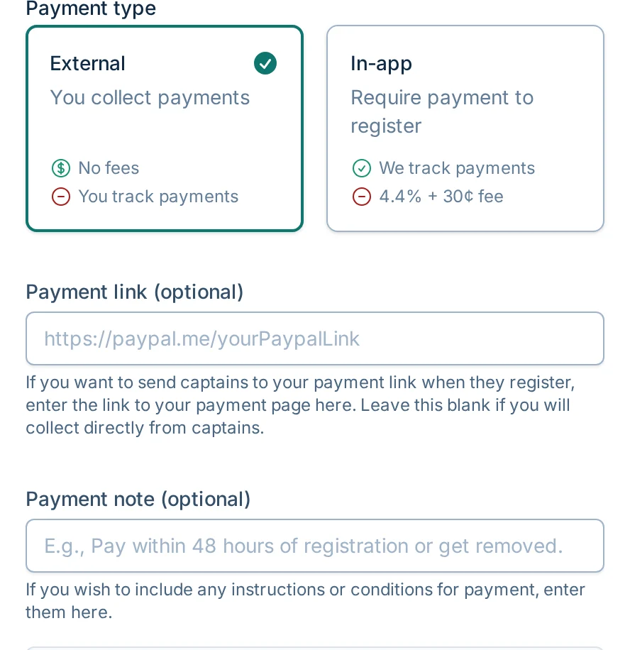 External payment link and note fields in bagtoss.love, a cornhole registration payments settings screen