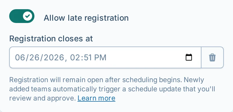 Late registration settings in bagtoss.love, a cornhole registration management platform