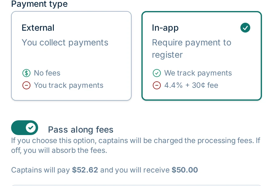 Pass along fees option in bagtoss.love, a cornhole checkout tool for registrations