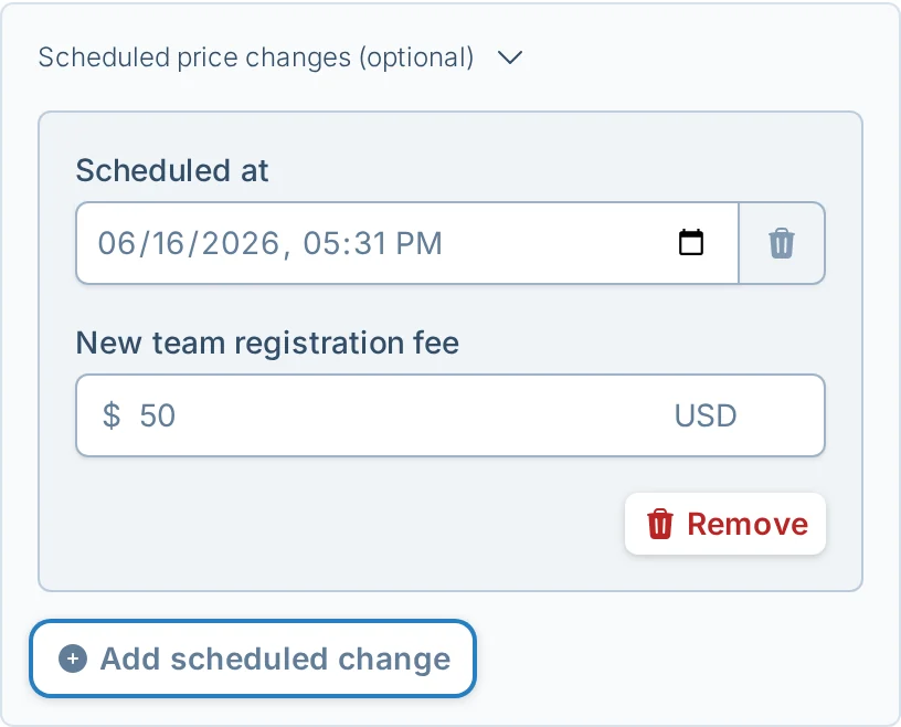 Scheduled registration price change controls in bagtoss.love, a cornhole league signup pricing screen