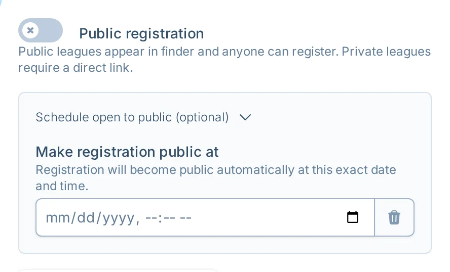 Scheduled public registration controls in bagtoss.love, a cornhole league registration settings screen