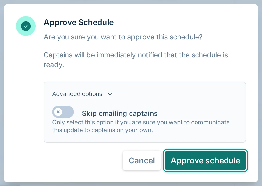 Approve Schedule dialog in bagtoss.love, a cornhole scheduling review tool for league managers