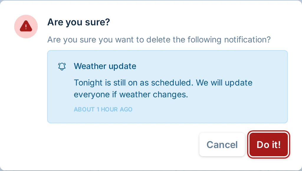 Delete notification confirmation in bagtoss.love, a cornhole league manager communication tool