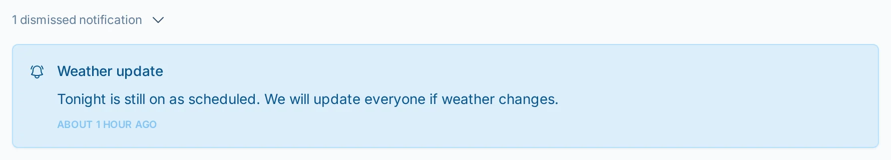 Dismissed notifications section in bagtoss.love, a cornhole league communication tool