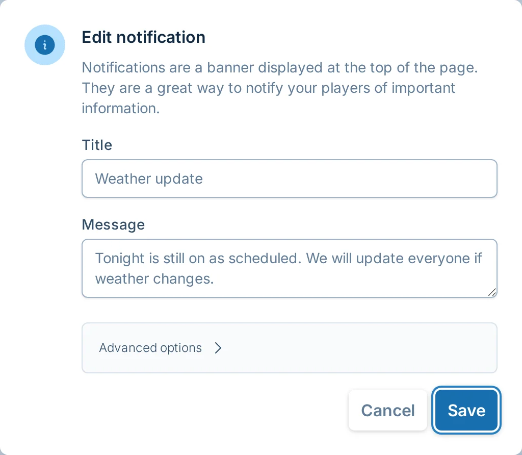 Edit notification dialog in bagtoss.love, a cornhole league manager communication tool
