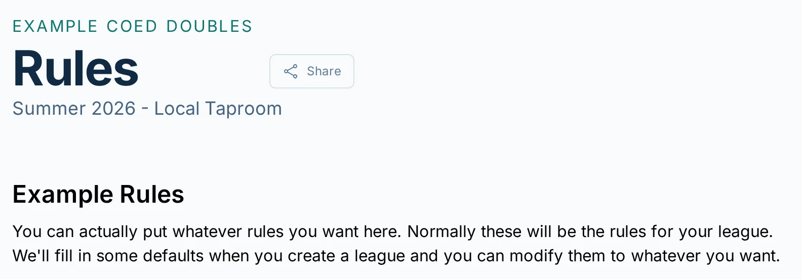 Rules page in bagtoss.love, a cornhole league management app